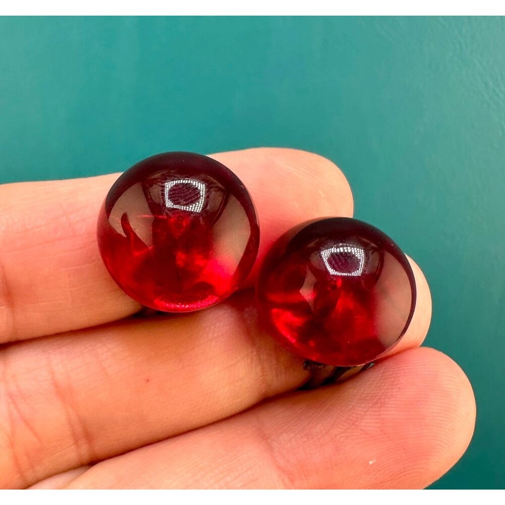 Vintage Clip On Earrings Red Glass Cabochon Round Button Gold Tone